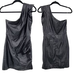 Entro Vegan Faux Leather One Shoulder Mini‎ Dress M Black Ruffle Sexy Cocktail